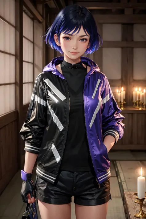 masterpiece, best quality, <lora:tekkenreina-nvwls-v1-000009:0.8> reina, multicolored hair, jacket, fingerless gloves, black shirt, black shorts, looking at viewer, furrowed brow, upper body, smile, japanese architecture, indoors, dimly lit, candles, stand...