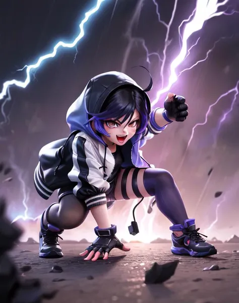 a woman in a hoodie crouches down with lightning in the background