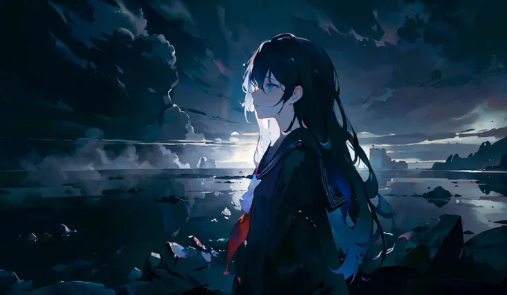 (masterpiece:1.2),best quality,extremely detailed,absurdres,highres,ultra detailed,dark ocean, dark vibes, a photo, (aestheticism, tonalism, dark and moody:1.4), cloudy weather, foggy sky,  1girl on the side, serafuku, long hair,black hair,landscape,night,...