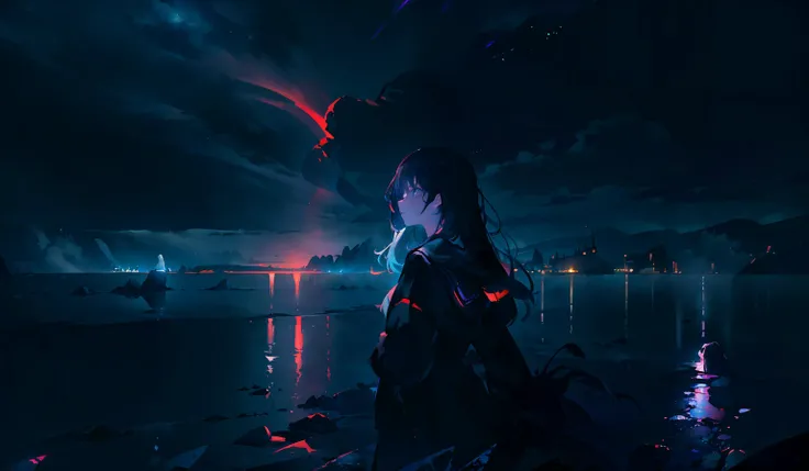 (masterpiece:1.2),best quality,extremely detailed,absurdres,highres,ultra detailed,dark ocean, dark vibes, a photo, (aestheticism, tonalism, dark and moody:1.4), cloudy weather, foggy sky,  1girl on the side, serafuku, long hair,black hair,landscape,night,...