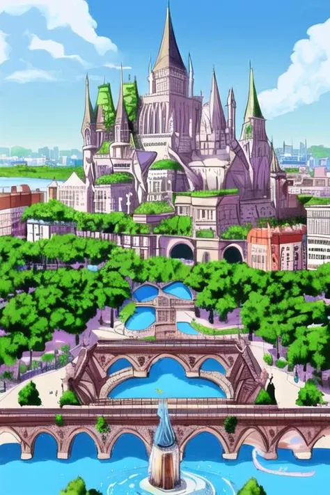 a cartoon picture of a castle with a fountain in front of it