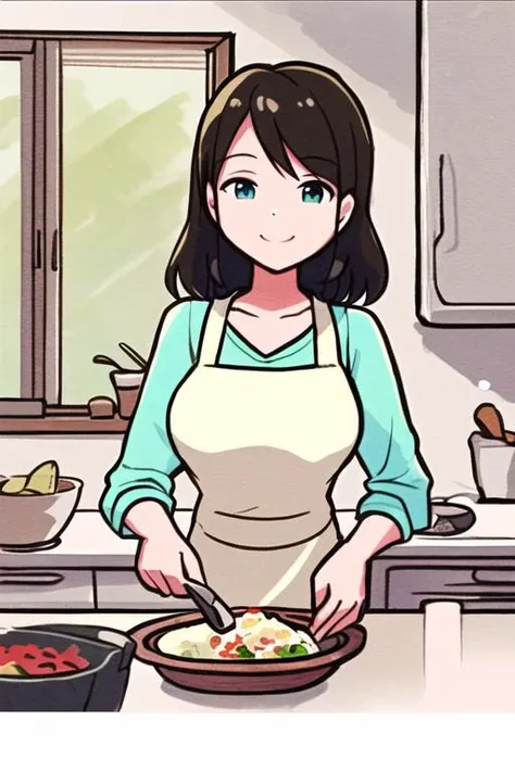 anime girl in kitchen preparing food with utensils and a pan