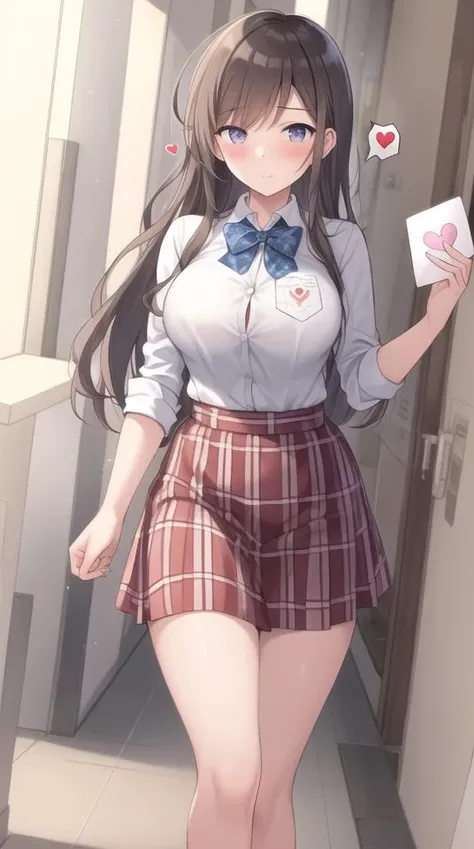 masterpiece, best quality, girl, in school hallway, holding love letter, spoken hearts