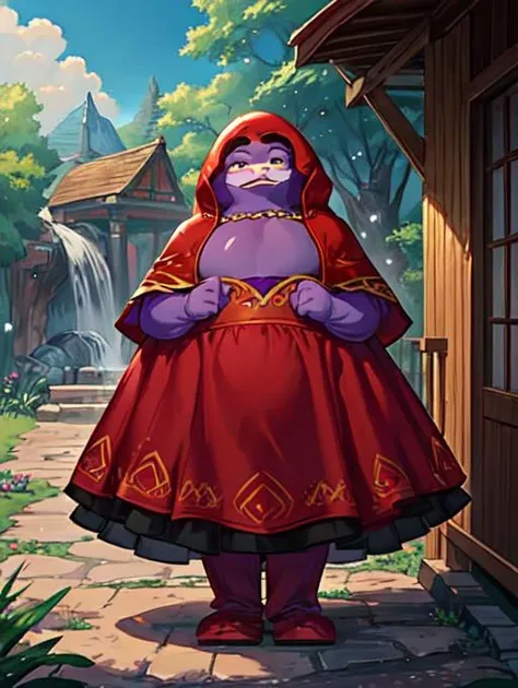 a cartoon character dressed in a red dress and a red cape