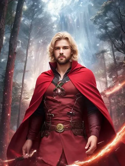 a man in a red cape standing in the woods