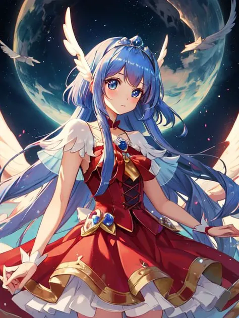 a woman in a red dress with long blue hair and wings