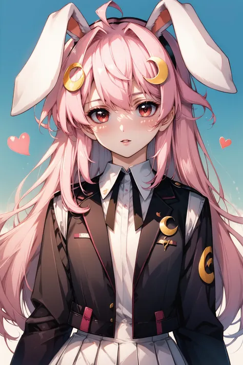 anime girl with pink hair and ears in a black and white outfit