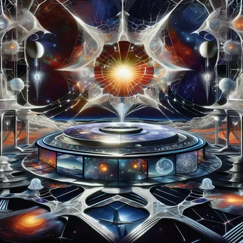 a painting of a futuristic space station with a star in the center