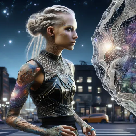 ((best quality)), ((masterpiece)), ((realistic,digital art)), (hyper detailed),DonMC0sm1cW3bXL,web,female Augmented Reality Street Artist, Nano-infused Mutants, Mutants with nanobots integrating into their bodies, granting extraordinary abilities, Middle-a...
