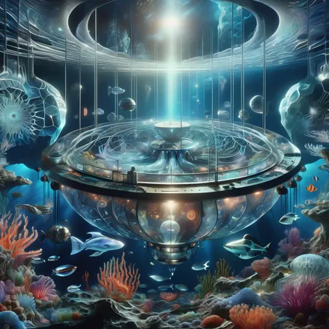 underwater scene with a futuristic ship and a group of fish