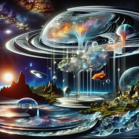 a painting of a futuristic landscape with planets and a waterfall