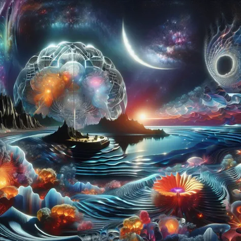 a painting of a boat floating in the ocean with a planet in the background