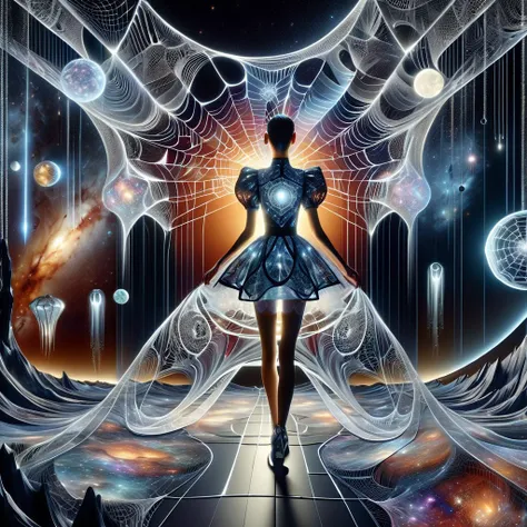 a woman in a dress is standing in a space with a spider web