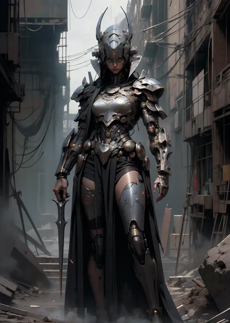 a close up of a woman in armor standing in a city