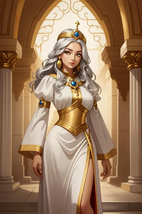 a woman in a white dress and gold crown standing in a building