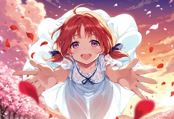 ((1girl, close up, outstreched hands), (spread arms, incoming hug, leaning forward)), ((detailed face, happy, tears, looking at viewer)),  sunset,
(((anime girl, is (running) to the viewer))),
floating red hair, floating white summer dress, see through, po...