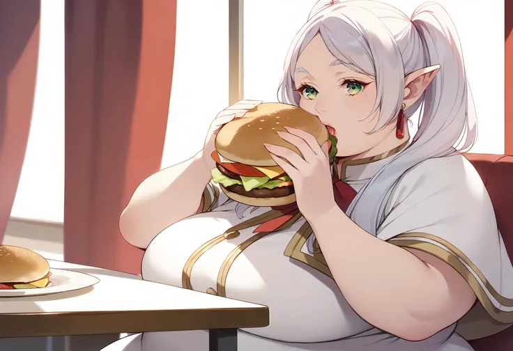 anime girl eating a hamburger while sitting at a table