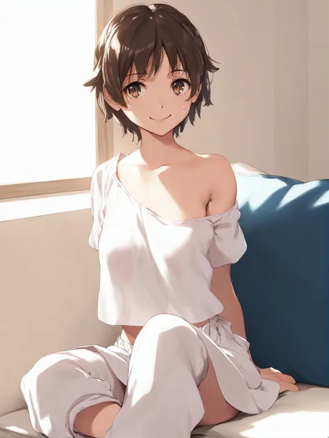 anime girl sitting on a couch with her legs crossed