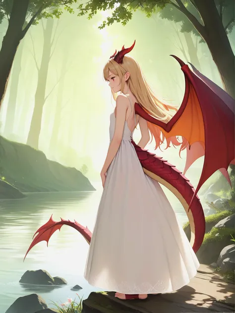 anime girl with dragon wings standing on a rock by a river