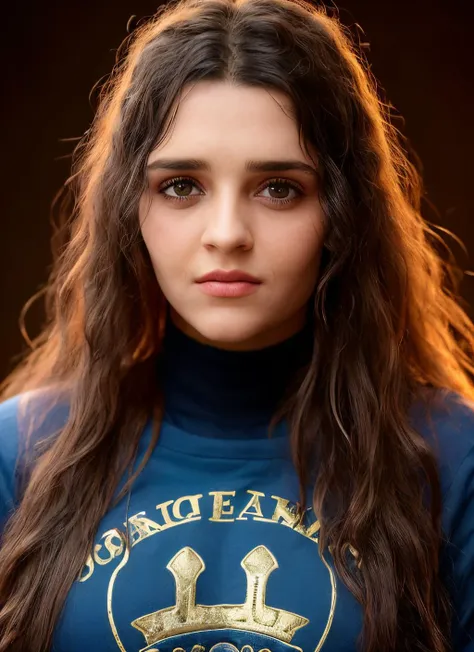 a close up of a woman with long hair wearing a blue shirt