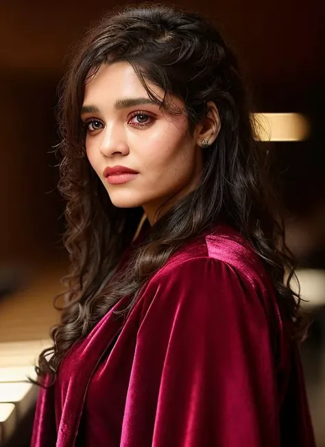 a woman in a red robe standing in front of a piano