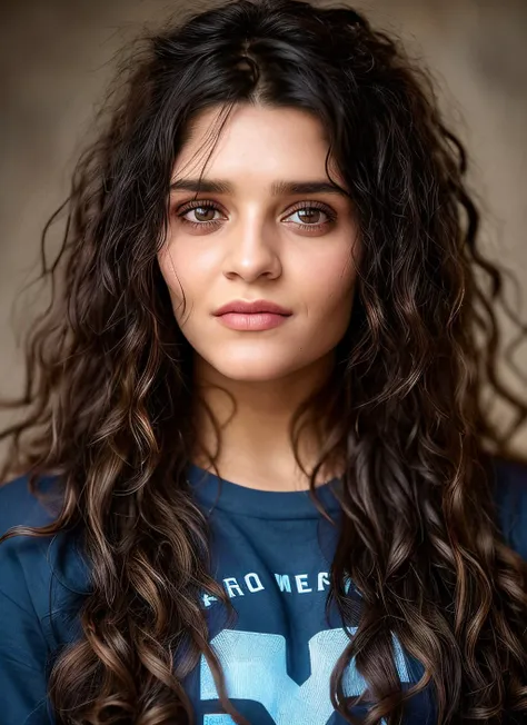 a close up of a woman with long hair wearing a blue shirt