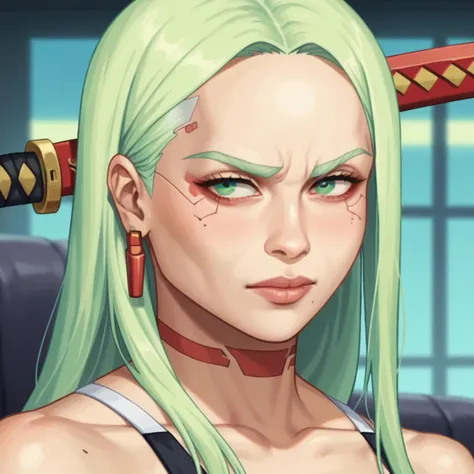 a close up of a woman with green hair holding a sword