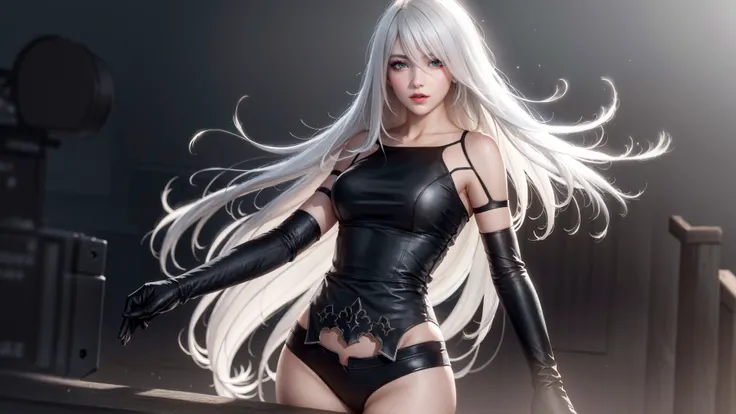 masterpiece, UHD, yorha type a no. 2, solo, 1girl, detailed, highres, 8k, detailed skin, masterpiece, realistic, blurry, blurry background, breasts, red eyes, cowboy shot, 
intricate impressive background, detailed white hair, j0rd7nj0n3s, detailed skin, m...