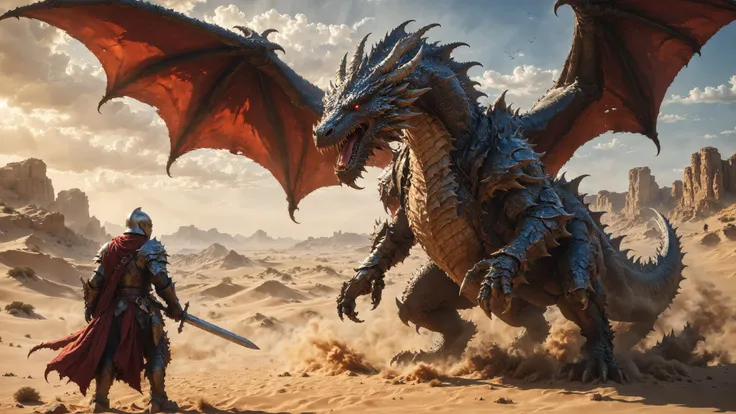 a man in armor standing next to a dragon in the desert