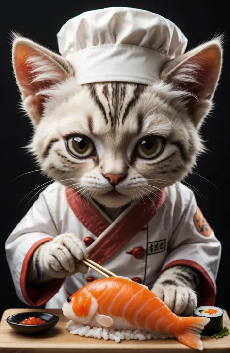 arafed cat dressed in a chef's uniform holding a knife and sushi