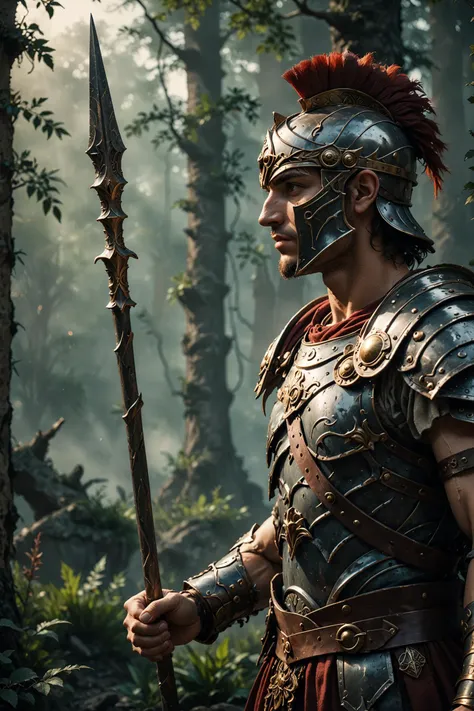 a close up of a man in armor holding a sword in a forest