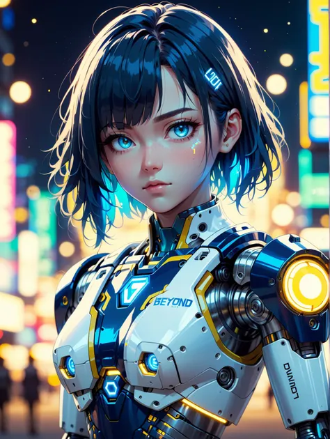 a woman in a futuristic suit standing in the middle of a city