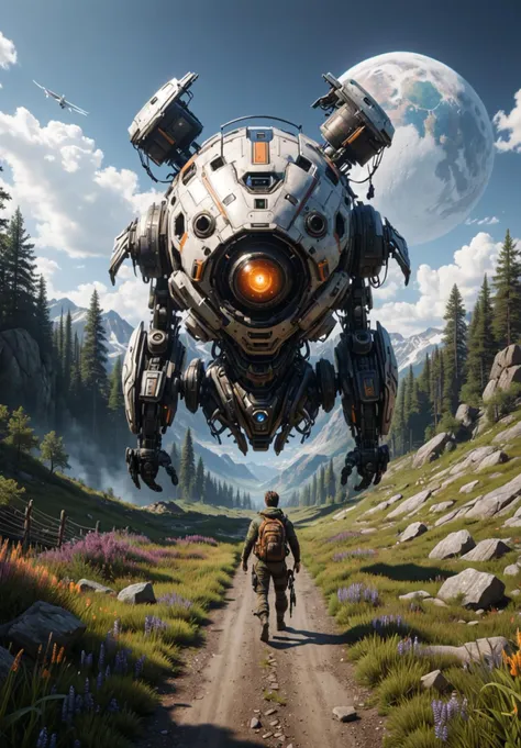 a man walking down a dirt road past a giant robot