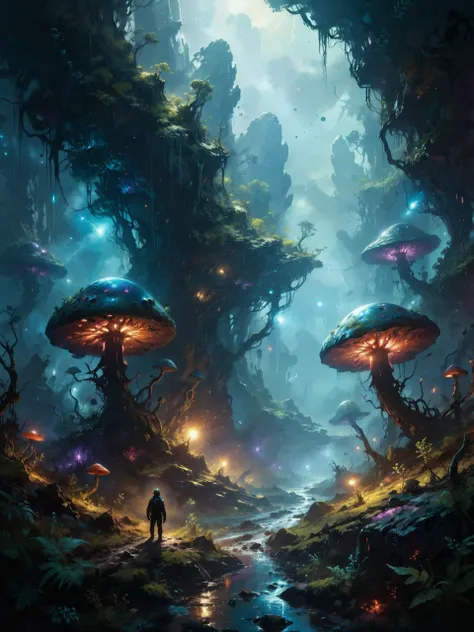 a man standing in front of a forest filled with mushrooms