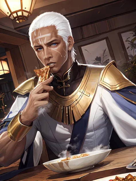 masterpiece,best quality,highres,cinematic lighting,dramatic angle,<lora:ShadowverseMjerrabaineV3-000045:0.8> ,1boy,mature male,muscular,white hair,bald,long robe,long sleeves,wide sleeves,collar,blue eyes,portrait,gauntlets,wristband,gold-trimmed,(facial ...