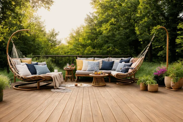 Dive into the world of Photography, capturing the essence of a wooden deck with a hammock chair and a couch in the middle, surrounded by a burst of summer vibrancy. Through the lens of a 35mm camera, inspired by the techniques of Christian Hilfgott Brand, ...