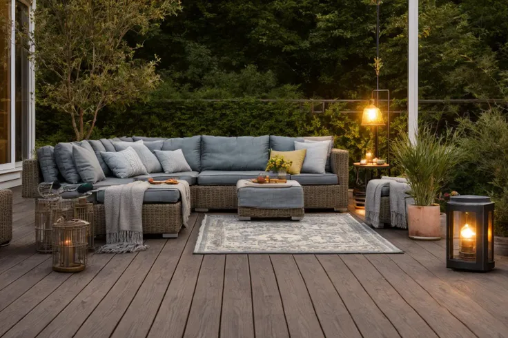 a close up of a couch on a wooden deck with candles