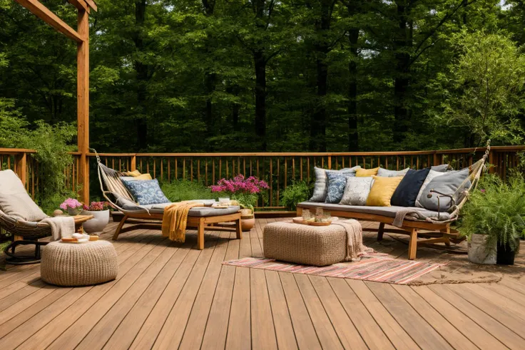 Dive into the world of Photography, capturing the essence of a wooden deck with a hammock chair and a couch in the middle, surrounded by a burst of summer vibrancy. Through the lens of a 35mm camera, inspired by the techniques of Christian Hilfgott Brand, ...