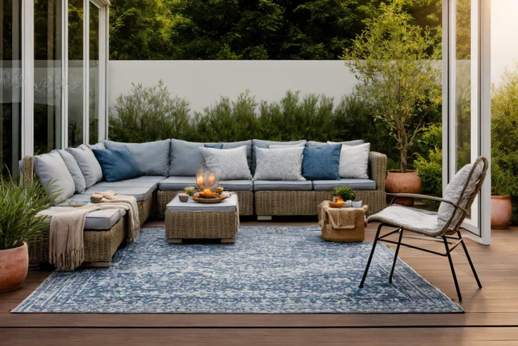 a close up of a patio with a couch and chairs