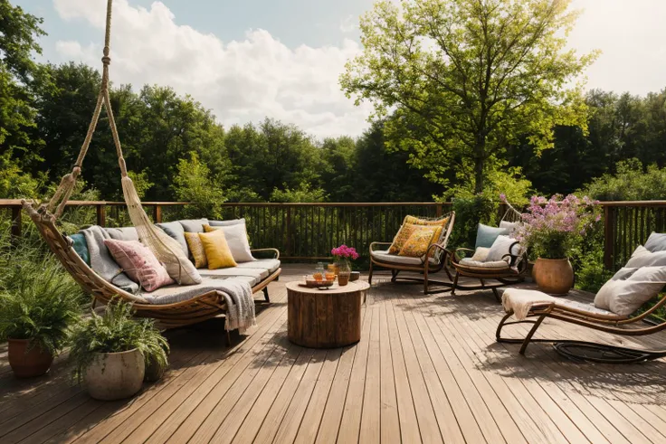 Dive into the world of Photography, capturing the essence of a wooden deck with a hammock chair and a couch in the middle, surrounded by a burst of summer vibrancy. Through the lens of a 35mm camera, inspired by the techniques of Christian Hilfgott Brand, ...