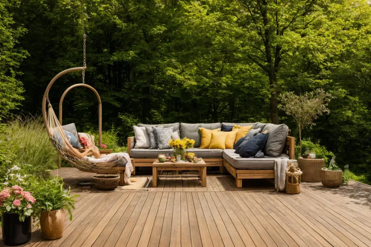 Dive into the world of Photography, capturing the essence of a wooden deck with a hammock chair and a couch in the middle, surrounded by a burst of summer vibrancy. Through the lens of a 35mm camera, inspired by the techniques of Christian Hilfgott Brand, ...