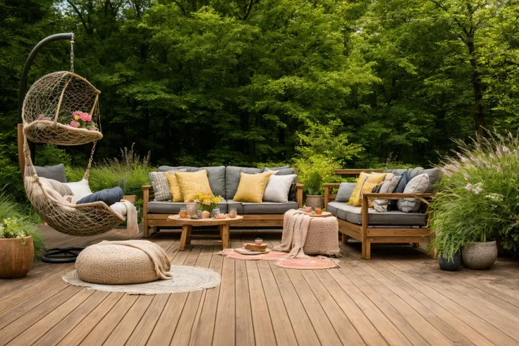 Dive into the world of Photography, capturing the essence of a wooden deck with a hammock chair and a couch in the middle, surrounded by a burst of summer vibrancy. Through the lens of a 35mm camera, inspired by the techniques of Christian Hilfgott Brand, ...