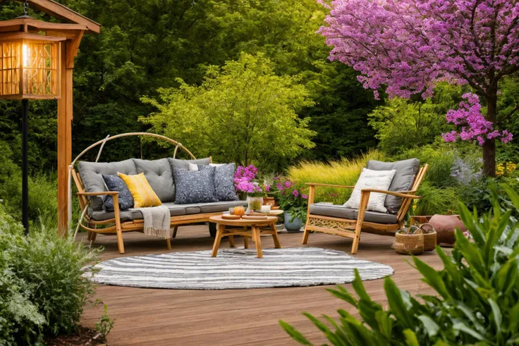 a close up of a patio with a couch and chairs