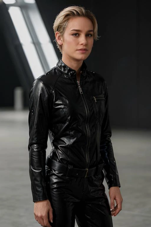 br13l, face , black leather flightsuit, short blonde hair  <lora:br13l:1>