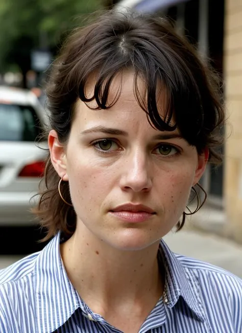 A stunning intricate color close up portrait of (sks woman:1) , wearing Striped shirt and pleated skirt, epic character composition, sharp focus, natural lighting, subsurface scattering, f2, 35mm, film grain, , by Henri Cartier-Bresson, <lora:lora-small-ca...