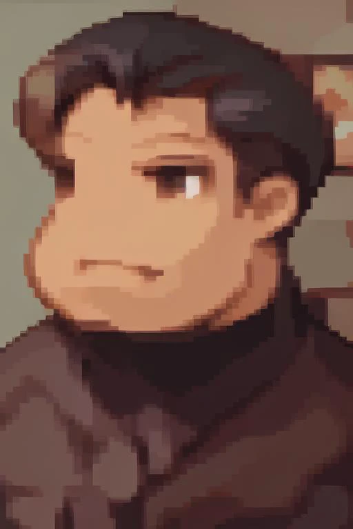 <lora:Final Fantasy Tactics Portraits V1:0.95> final_fantasy_tactics_portrait, pale orange background, no_nose, portrait,   <lora:Stan_Smith-15:0.75> stan_smith, male focus, black hair, 1man, solo, smile, fat, shirt, necktie, formal, indoors, suit, black n...