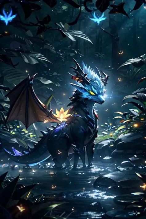 Masterpiece, best quality, very detailed CG unified 8k, best quality, best shadow,   dragon-bat-vampire-elf glowing creatures with a glowing dragon-bat-vampire-elf creatives, drinking water in the pool, natural elements in forest theme. Mysterious forest, ...