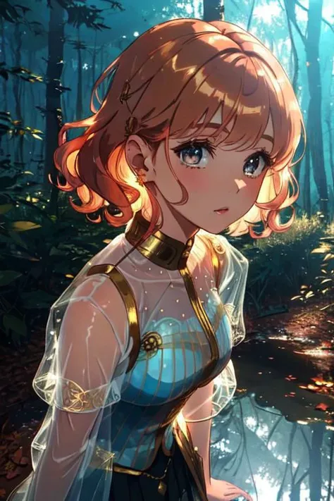 Reflections in a forest puddle,1girl, a pretty woman, beautiful face, white face, close up, face focus, curly hair, short copper-colored hair tinged with gold, white coat, see-through leggings, blue see-through skirt, see-through dress,, she is standing