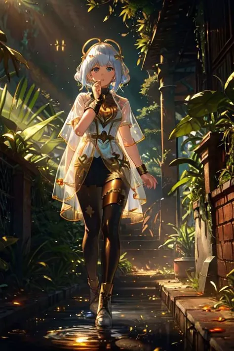 1girl, a pretty woman, beautiful woman, white face, curly hair, short copper-colored hair tinged with gold, white coat, blue see-through skirt, see-through leggings, see-through dress, she is standing near rushed mossed vegetation ruined collapsed building...