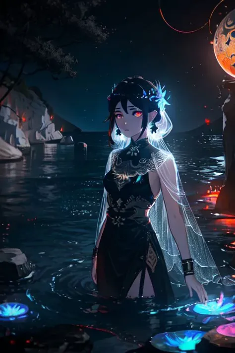 1girl, beautiful woman, iridescent glow eyes, white face, red earrings, [copper] (black see-through dress), near cave gate and black rock and water garden and sea and blue sky